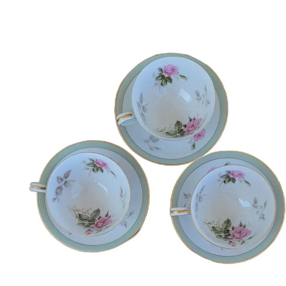 3 Noritake Priscilla China Cup & Saucer 5310 Pink Roses Gold & Green Accent Vtg
